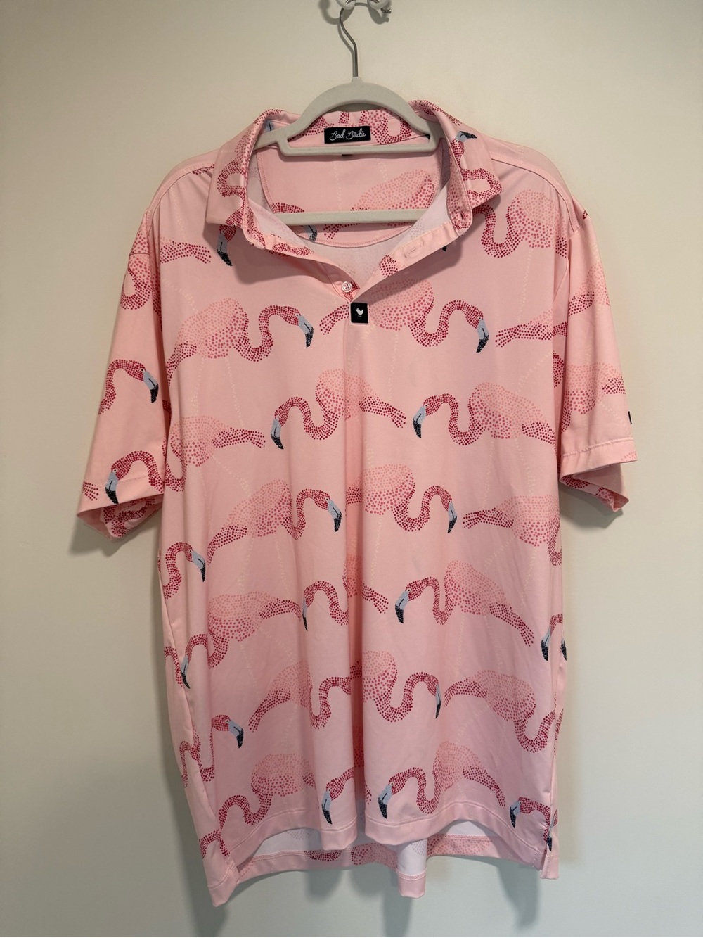 Bad Birdie Men’s Pink Flamingo Print Golf Shirt, 2XL